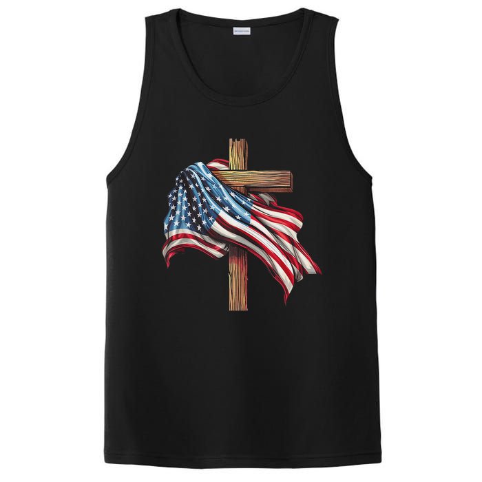 American Flag Christian Cross Jesus 4th Of July Patriotic PosiCharge Competitor Tank