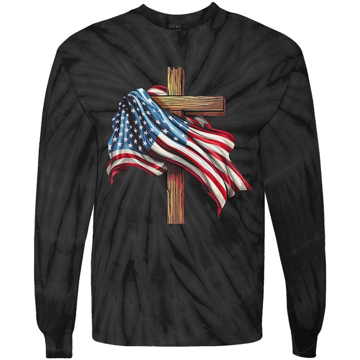 American Flag Christian Cross Jesus 4th Of July Patriotic Tie-Dye Long Sleeve Shirt