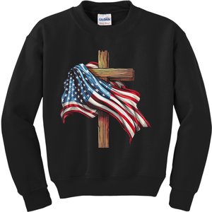 American Flag Christian Cross Jesus 4th Of July Patriotic Kids Sweatshirt