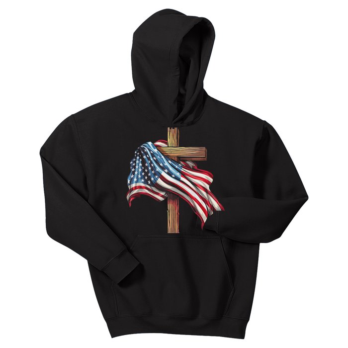 American Flag Christian Cross Jesus 4th Of July Patriotic Kids Hoodie