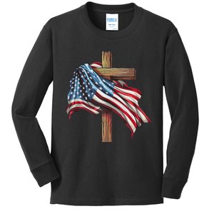 American Flag Christian Cross Jesus 4th Of July Patriotic Kids Long Sleeve Shirt