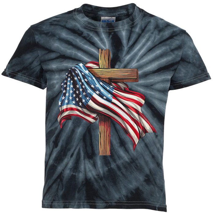 American Flag Christian Cross Jesus 4th Of July Patriotic Kids Tie-Dye T-Shirt