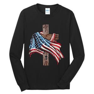 American Flag Christian Cross Jesus 4th Of July Women Tall Long Sleeve T-Shirt