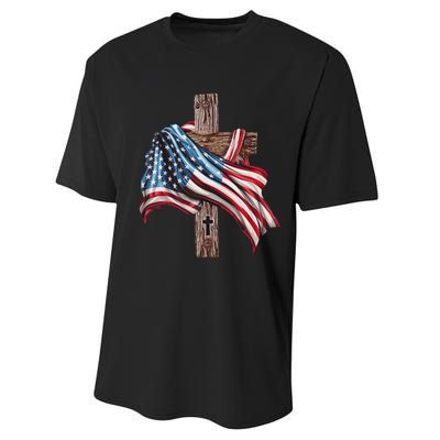 American Flag Christian Cross Jesus 4th Of July Women Performance Sprint T-Shirt