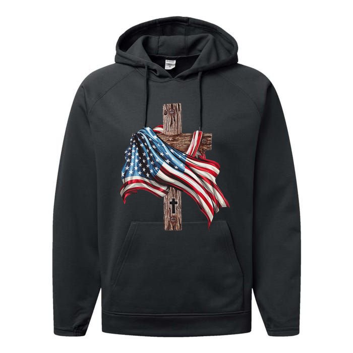 American Flag Christian Cross Jesus Performance Fleece Hoodie