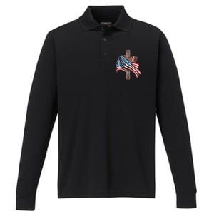 American Flag Christian Cross Jesus Performance Long Sleeve Polo