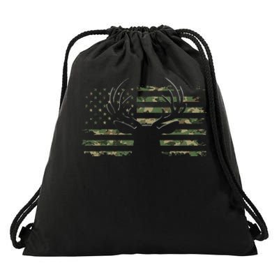 American Flag Camouflage Outdoor Antlers Deer Drawstring Bag