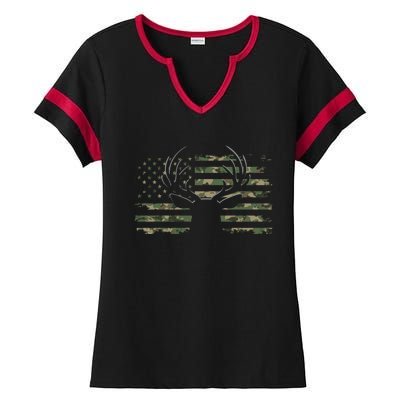 American Flag Camouflage Outdoor Antlers Deer Cool Gift Ladies Halftime Notch Neck Tee