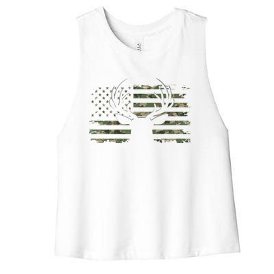 American Flag Camouflage Outdoor Antlers Deer Cool Gift Women's Racerback Cropped Tank