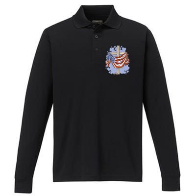 American Flag Cross Performance Long Sleeve Polo