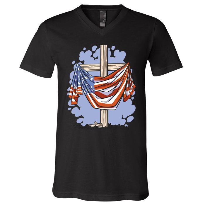 American Flag Cross V-Neck T-Shirt