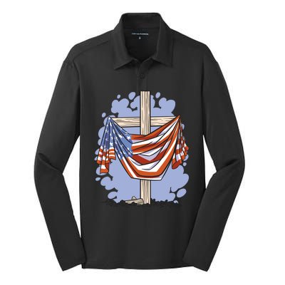 American Flag Cross Silk Touch Performance Long Sleeve Polo