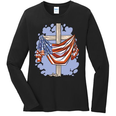 American Flag Cross Ladies Long Sleeve Shirt