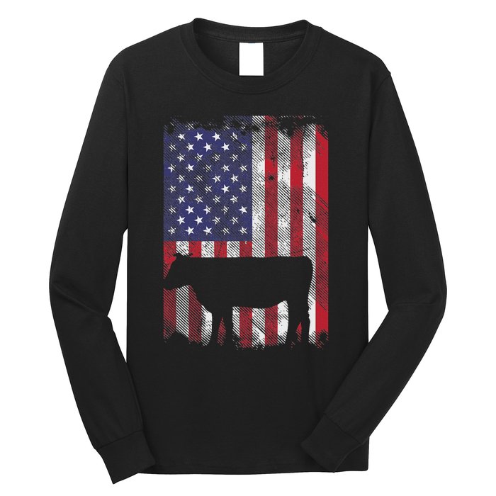 American Flag Cow Vintage Farm Animal Patriotic Farmer Gift Long Sleeve Shirt