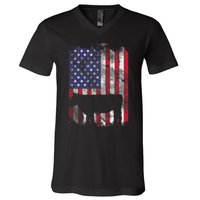 American Flag Cow Vintage Farm Animal Patriotic Farmer Gift V-Neck T-Shirt