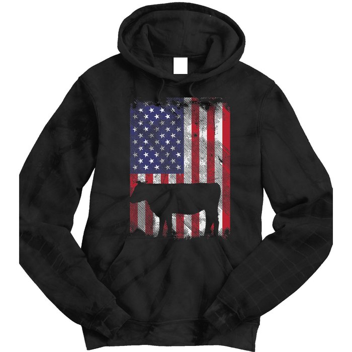 American Flag Cow Vintage Farm Animal Patriotic Farmer Gift Tie Dye Hoodie