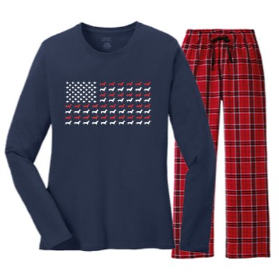 American Flag Dachshund Patriotic Gift Funny Dachshund Doxie Lover Gift Women's Long Sleeve Flannel Pajama Set 