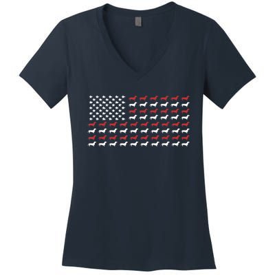 American Flag Dachshund Patriotic Gift Funny Dachshund Doxie Lover Gift Women's V-Neck T-Shirt