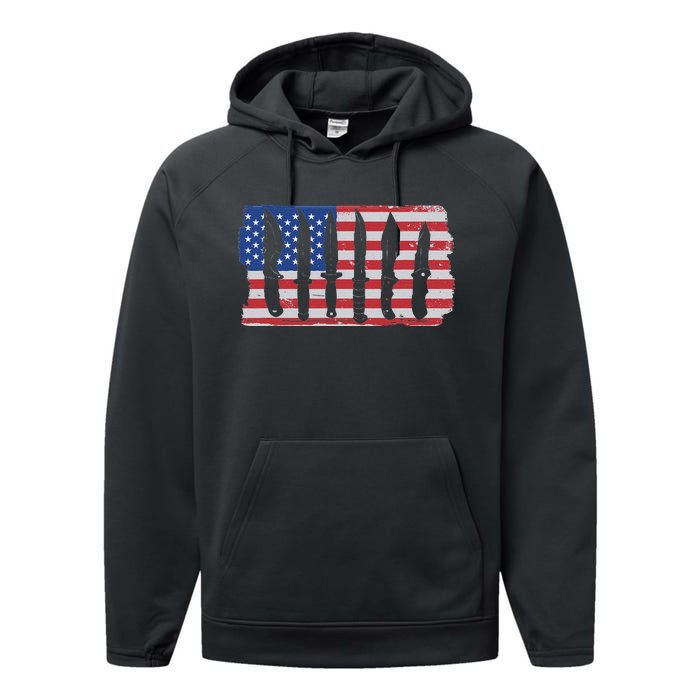 American Flag Different Kinds Of Knife Knife Collector Performance Fleece Hoodie