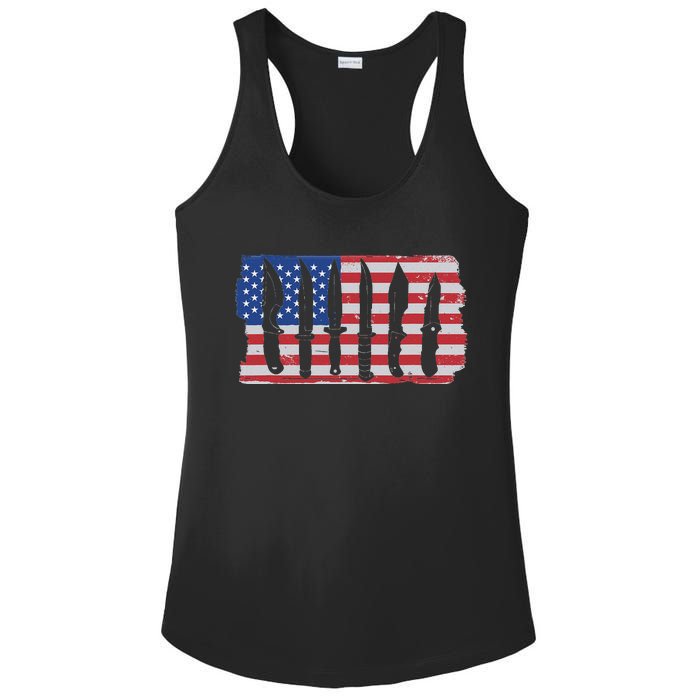 American Flag Different Kinds Of Knife Knife Collector Ladies PosiCharge Competitor Racerback Tank