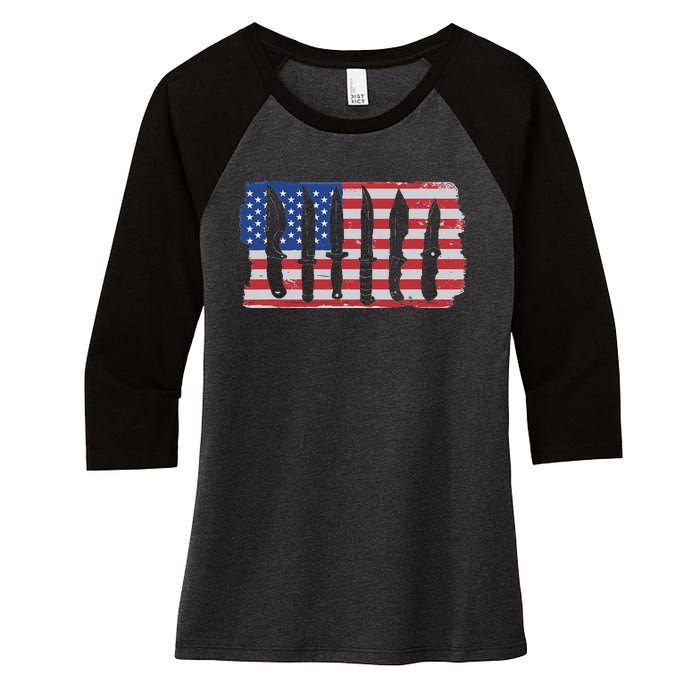 American Flag Different Kinds Of Knife Knife Collector Women's Tri-Blend 3/4-Sleeve Raglan Shirt