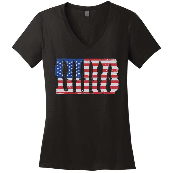 American Flag Different Kinds Of Knife Knife Collector Women's V-Neck T-Shirt