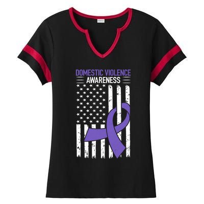 American Flag Domestic Violence Awareness Cool Purple Ribbon Ladies Halftime Notch Neck Tee