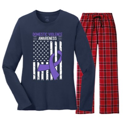 American Flag Domestic Violence Awareness Cool Purple Ribbon Women's Long Sleeve Flannel Pajama Set 