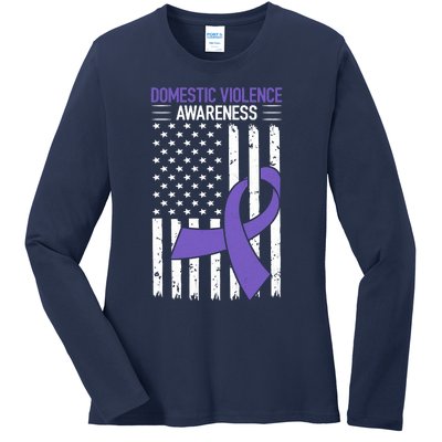 American Flag Domestic Violence Awareness Cool Purple Ribbon Ladies Long Sleeve Shirt