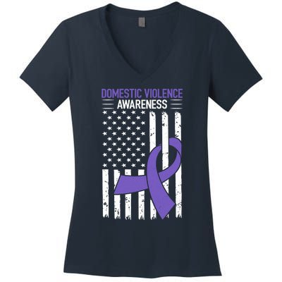 American Flag Domestic Violence Awareness Cool Purple Ribbon Women's V-Neck T-Shirt