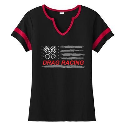 American Flag Drag Racing Car Lover Ladies Halftime Notch Neck Tee