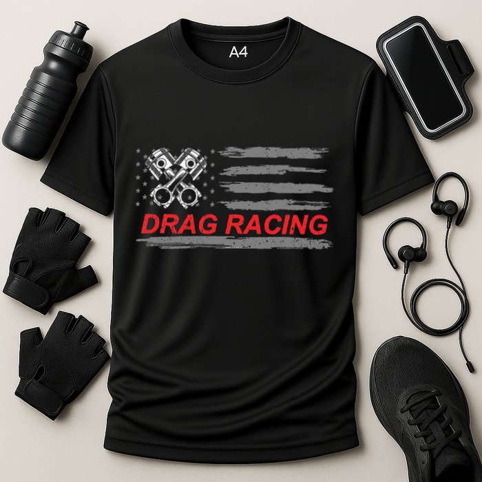 American Flag Drag Racing Car Lover Cooling Performance Crew T-Shirt