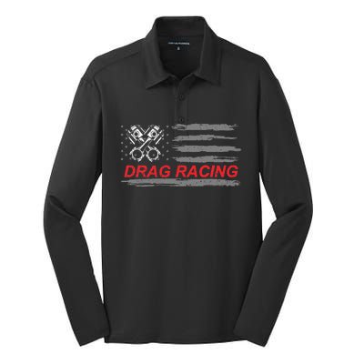 American Flag Drag Racing Car Lover Silk Touch Performance Long Sleeve Polo