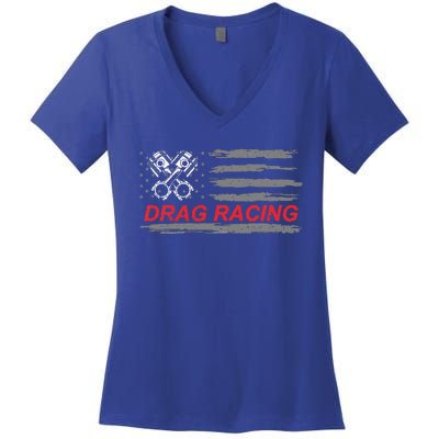 American Flag Drag Racing Car Lover Women's V-Neck T-Shirt