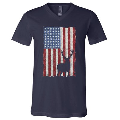 American Flag Deer Hunting Distressed USA V-Neck T-Shirt