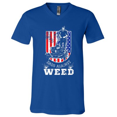 American Flag Dads Against Weed Funny Lawn Mowing Fathers V-Neck T-Shirt