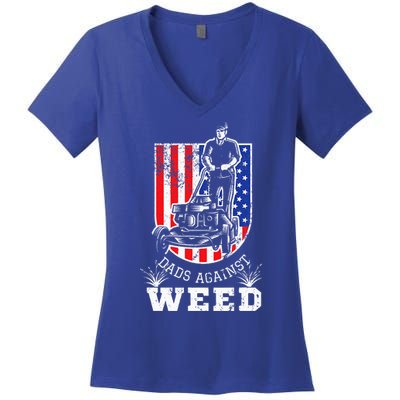 American Flag Dads Against Weed Funny Lawn Mowing Fathers Women's V-Neck T-Shirt