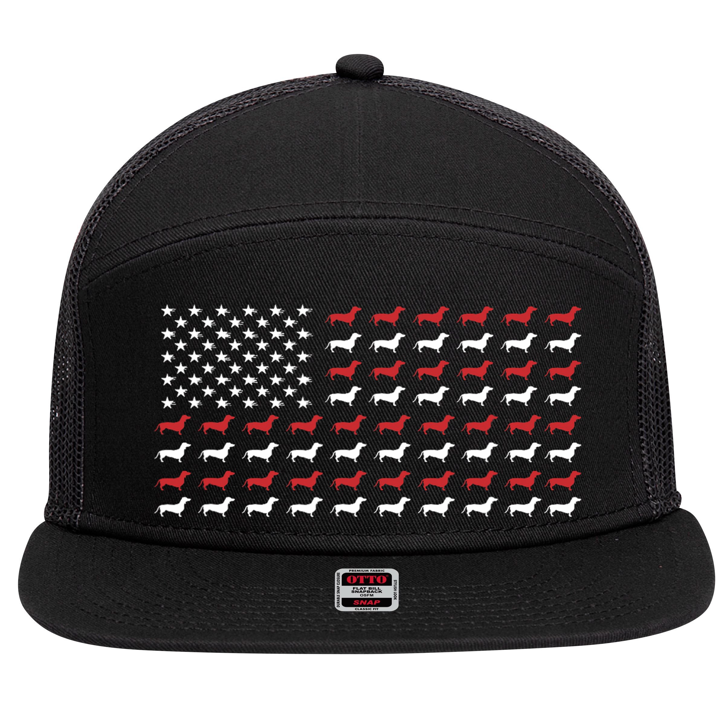 American Flag Dachshund Patriotic Dachshund  7 Panel Mesh Trucker Snapback Hat