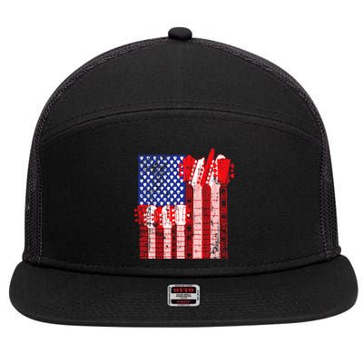 American Flag Design Guitar Patriotic 7 Panel Mesh Trucker Snapback Hat