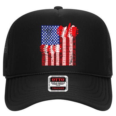 American Flag Design Guitar Patriotic High Crown Mesh Back Trucker Hat