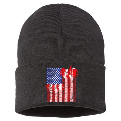 American Flag Design Guitar Patriotic Sustainable Knit Beanie