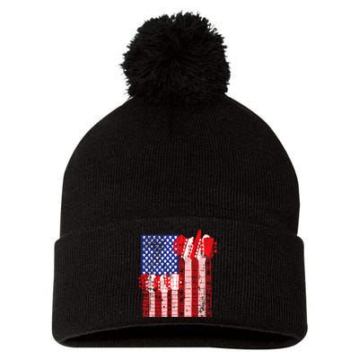 American Flag Design Guitar Patriotic Pom Pom 12in Knit Beanie