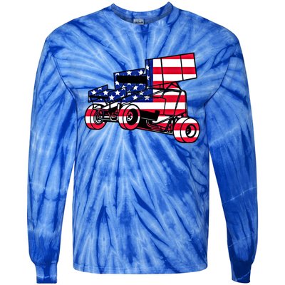 American Flag Dirt Sprint Car Red White Blue Usa Racing Gift Tie-Dye Long Sleeve Shirt