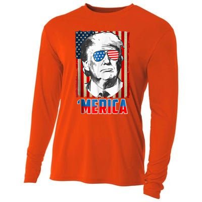 American Flag Donald Trump Merica 4th Of July Graphic Gift Cooling Performance Long Sleeve Crew