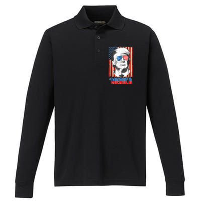 American Flag Donald Trump Merica 4th Of July Graphic Gift Performance Long Sleeve Polo