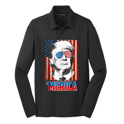 American Flag Donald Trump Merica 4th Of July Graphic Gift Silk Touch Performance Long Sleeve Polo