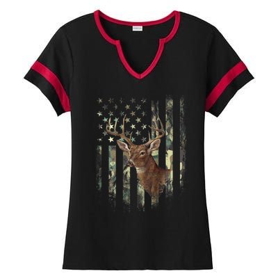 American Flag Deer Hunting Camo Ladies Halftime Notch Neck Tee