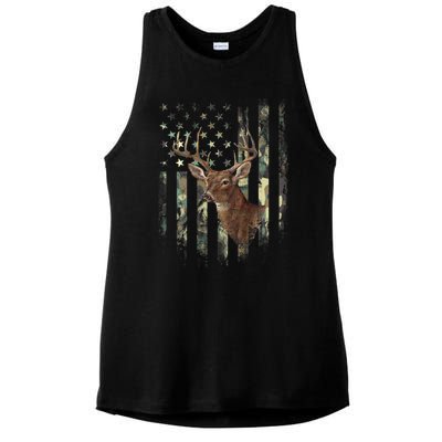 American Flag Deer Hunting Camo Ladies PosiCharge Tri-Blend Wicking Tank