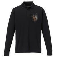 American Flag Deer Hunting Camo Performance Long Sleeve Polo