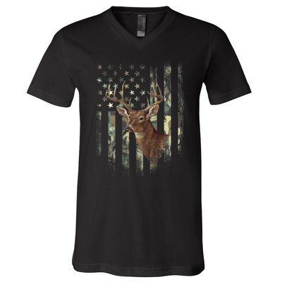 American Flag Deer Hunting Camo V-Neck T-Shirt